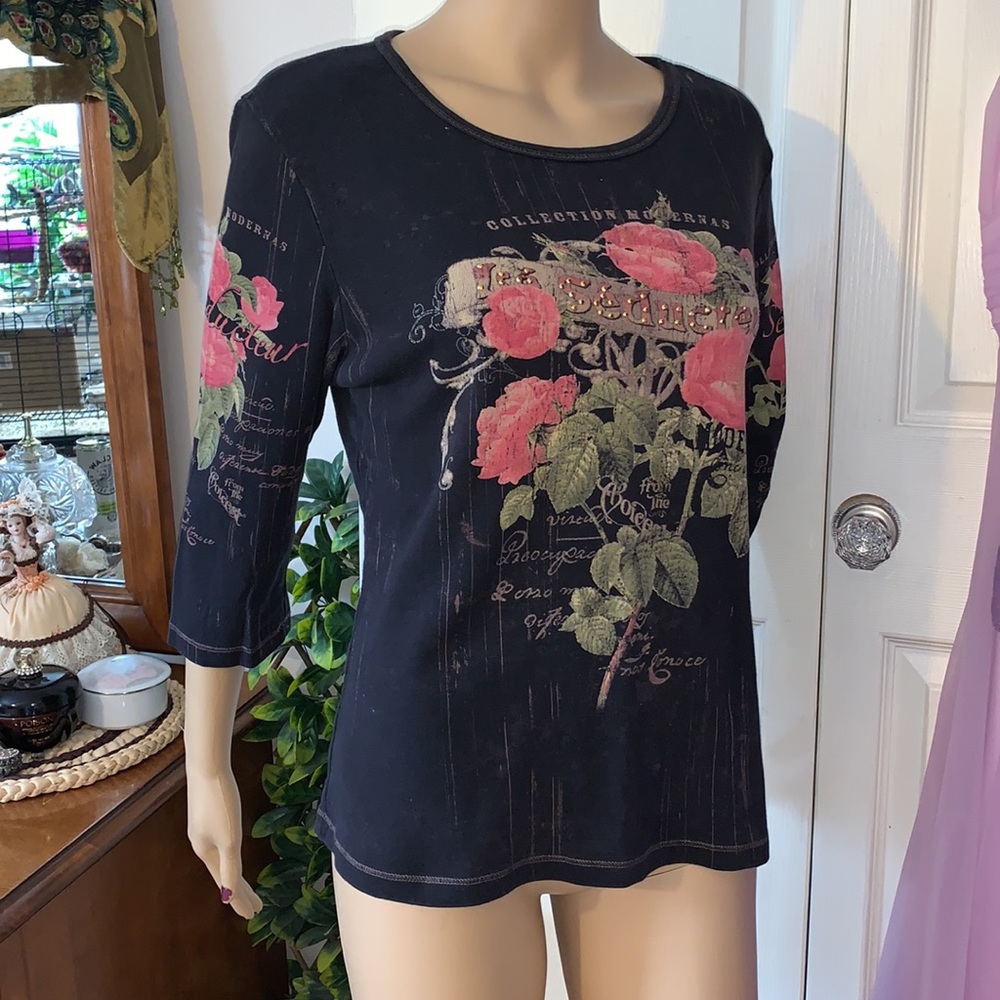 Vtg 90s Pink roses on Black Tattoo TOP tee Shirt XL